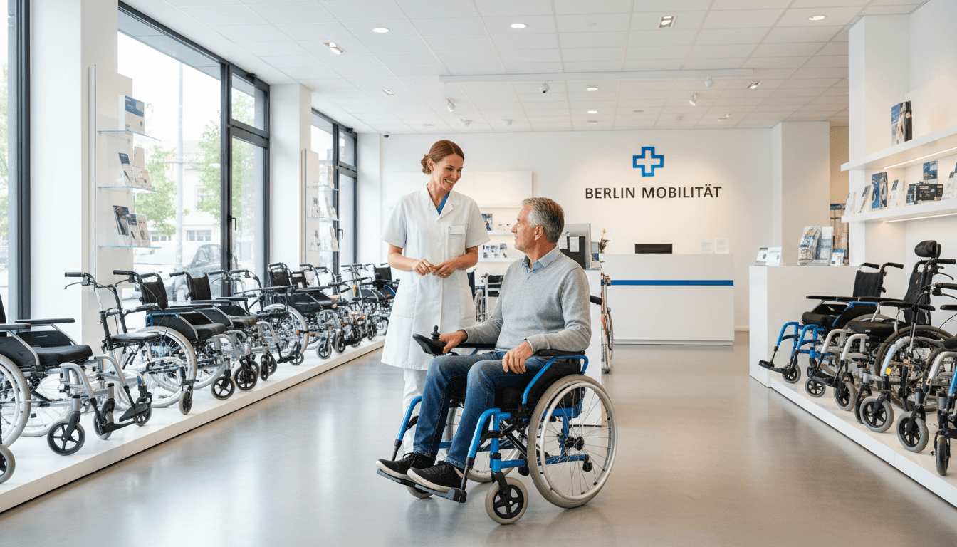 Specialist advising patient on electric wheelchairs in Berlin medical supply store